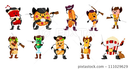 Cartoon fast food cowboy and ranger, bandit and sheriff characters. Vector soda drink, pizza, hot dog and chicken drumstick. Ice cream, burrito or shawarma, cocktail and mustard bottle with pop corn Cartoon fast food cowboy and ranger, bandit and sheriff characters. Vector soda drink, pizza, hot dog and chicken drumstick. Ice cream, burrito or shawarma, cocktail and mustard bottle with pop corn 111029629