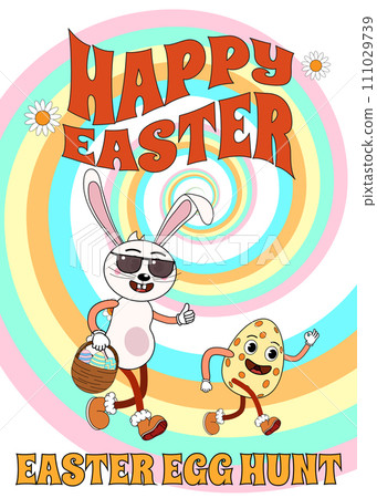 Vintage Happy Easter poster Trendy Easter Groovy 1970 style with bunny in sunglasses, flowers, egg, swirl 111029739