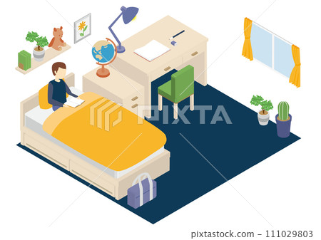 Boy reading in isometric children's room Boy reading in isometric children's room 111029803