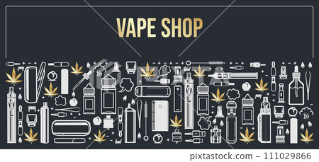 Vape shop horizontal frame for product design. Cigarettes, liquid vaporizers, marijuana leaf. Vector isolated on dark background. 111029866