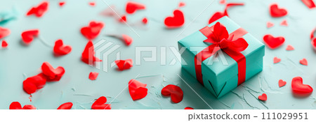 Mystery gift box with ribbon on solid bold background. Isometric view of present or giftbox with bow, 111029951