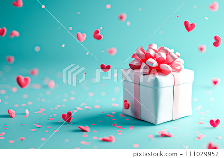 Mystery gift box with ribbon on solid bold background. Isometric view of present or giftbox with bow, 111029952