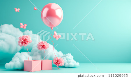 Poster or banner with clouds, hearts, balloons, flowers and presents on pastel blue 3D background for st. Valentine day Poster or banner with clouds, hearts, balloons, flowers and presents on pastel blue 3D background for st. Valentine day 111029955