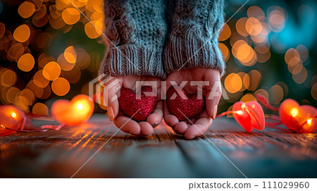 Hands holding red heart on bokeh background. Valentine's day concept. Hands holding red heart on bokeh background. Valentine's day concept. 111029960