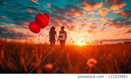 Romantic evening date in a nature with red heart-shaped balloons Romantic evening date in a nature with red heart-shaped balloons 111029961
