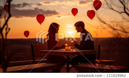 Romantic evening date in a nature with red heart-shaped balloons Romantic evening date in a nature with red heart-shaped balloons 111029962