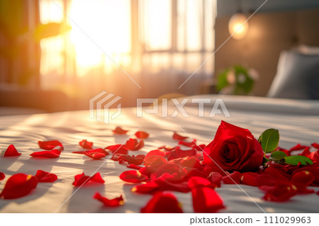 Red rose petals on bed in hotel bedroom, Valentine's day concept Red rose petals on bed in hotel bedroom, Valentine's day concept 111029963