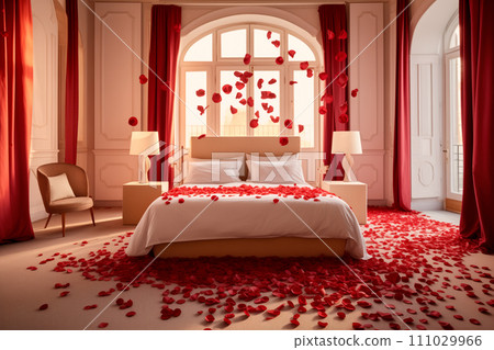 Red rose petals on bed in hotel bedroom, Valentine's day concept Red rose petals on bed in hotel bedroom, Valentine's day concept 111029966