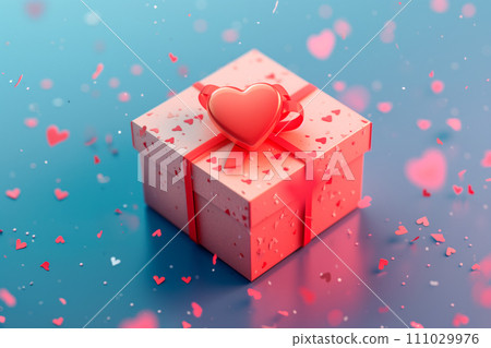 Mystery gift box with ribbon on solid bold background. Isometric view of present or giftbox with bow, Mystery gift box with ribbon on solid bold background. Isometric view of present or giftbox with bow, 111029976