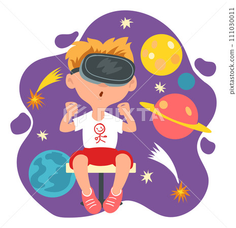 Kids virtual reality. Happy boy with VR glasses. Child looking at planets and comets. Innovation augmented technology. Cyberspace simulation device. Futuristic education. Vector concept 111030011