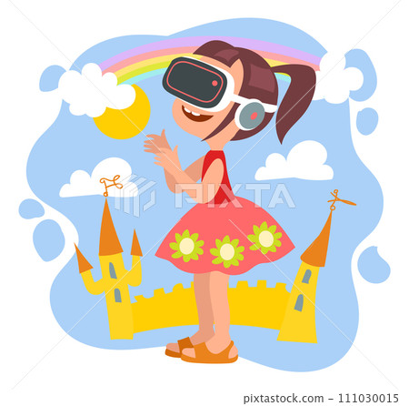 Kids virtual reality. Happy girl with VR glasses. Innovation augmented technology. Futuristic travel in wonderland. Fairytale dream castle. Cyberspace simulation device. Vector concept 111030015