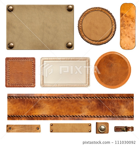 Set of leather elements. Isolated on white background. Collection of belt of black and brown color, leather tag and label, metal button and rivets. Isolated on white background 111030092