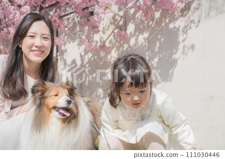 Parent and child walking with their dog Parent and child walking with their dog 111030446
