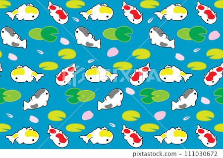 Illustration pattern of koi fish with lotus leaf and petal fall on blue background. 111030672