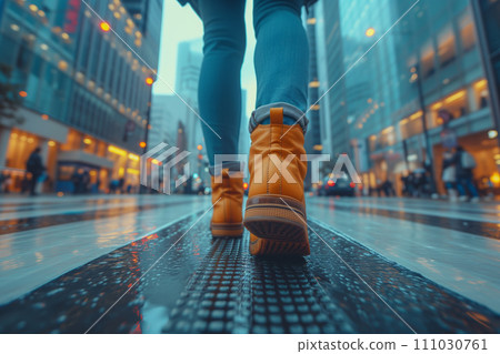 Low angle view of female orange boots Low angle view of female orange boots 111030761