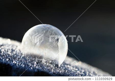 Beautiful ice bubble. Macro shot of winter nature. Frost - ice and frozen water at a low temperature. Beautiful ice bubble. Macro shot of winter nature. Frost - ice and frozen water at a low temperature. 111030929
