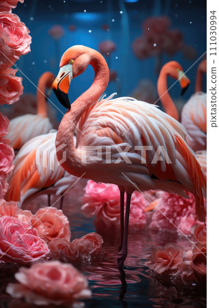 Pink flamingo stands in the water 111030994
