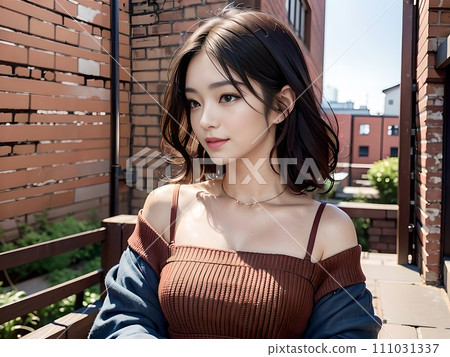 一名 20 多歲的女性在紅磚倉庫商業設施周圍行走（AI 生成） 111031337
