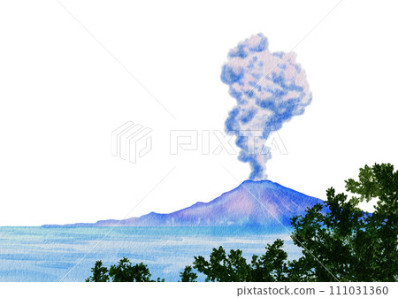 鹿兒島縣櫻島水彩畫，透明背景 111031360