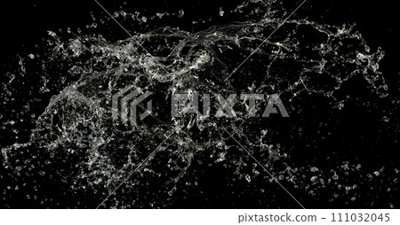 Shape form throw of Water splashes into drop water attack fluttering in air and stop motion freeze shot. Splash Water for explosion texture graphic resource elements, black background isolated 111032045