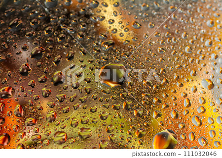 abstract background fall, glass drops autumn yellow leaves wet october weather 111032046