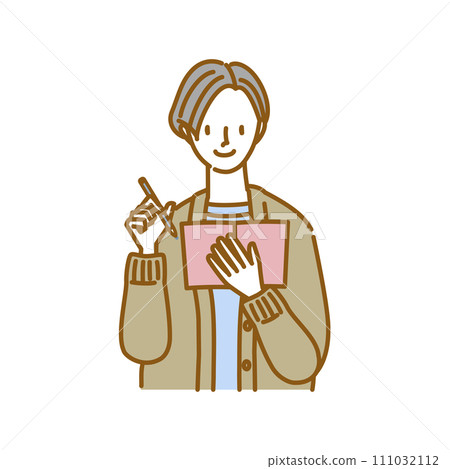 A pose of a woman smiling and taking notes in a notebook 111032112