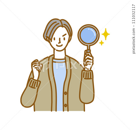 一個女人拿著放大鏡，做拳頭泵 111032117