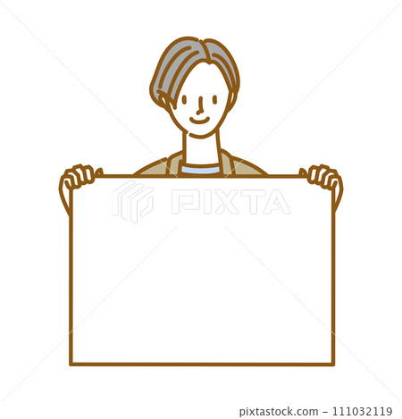 一個微笑的女人雙手拿著一塊木板 111032119