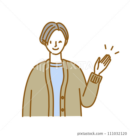 一位微笑的女士眨眼並指導姿勢 111032120