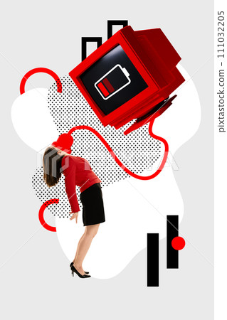 Contemporary art collage. Retro personal computer attached to girl's face with wire and charging from her. Social media addiction. Digital detox. Contemporary art collage. Retro personal computer attached to girl's face with wire and charging from her. Social media addiction. Digital detox. 111032205