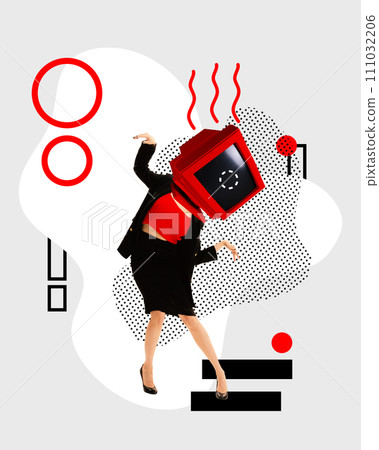 Modern aesthetic artwork. Exhausted woman with huge retro PC screen instead of head trying to work against abstract contemporary background. Digital detox. Modern aesthetic artwork. Exhausted woman with huge retro PC screen instead of head trying to work against abstract contemporary background. Digital detox. 111032206