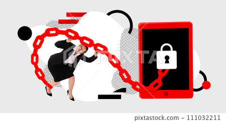 Contemporary art collage. Business lady trying to break chain that she chained to her huge smartphone with lock on screen. Digital detox. Contemporary art collage. Business lady trying to break chain that she chained to her huge smartphone with lock on screen. Digital detox. 111032211