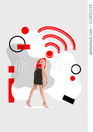 Modern aesthetic artwork. Exhausted, depressed woman with Wi-Fi sign try to walk against contemporary abstract background. Digital detox. Modern aesthetic artwork. Exhausted, depressed woman with Wi-Fi sign try to walk against contemporary abstract background. Digital detox. 111032255