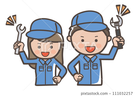 Illustration of male and female workers and cleaners holding tools and doing a fighting pose 111032257