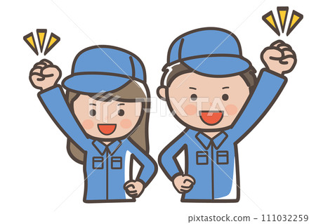 I'll do my best today too! Illustration of a fist-pumping male and female worker and cleaning staff I'll do my best today too! Illustration of a fist-pumping male and female worker and cleaning staff 111032259