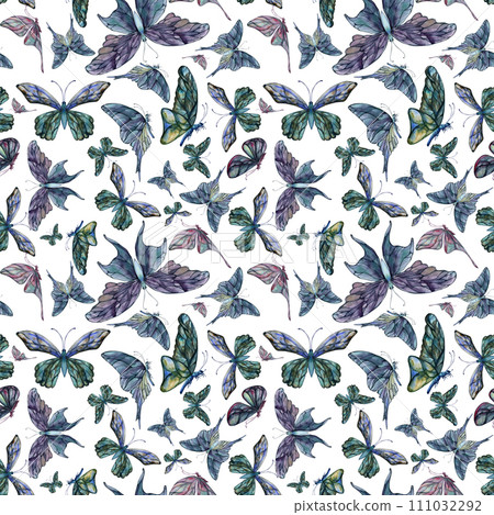 Hand drawn watercolor illustration butterfly fairy wings gem crystal insect moth. Amethyst emerald fluorite moonstone. Seamless pattern isolated white background. Design print, shop, wedding, package 111032292