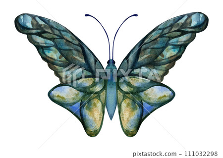 Hand drawn watercolor illustration butterfly fairy wings gem crystal insect moth. Sapphire emerald labradorite larimar. Single object isolated on white background. Design print shop, wedding, birthday 111032298