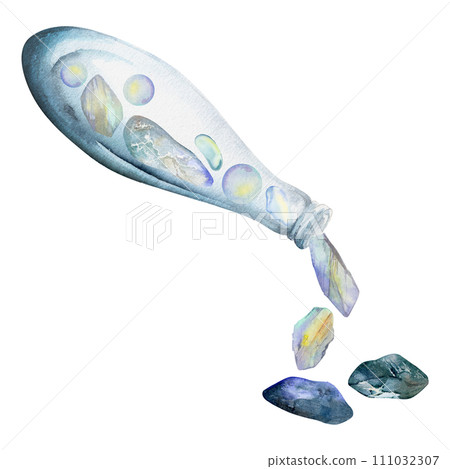 Hand drawn watercolor illustration sea witch altar objects. Glass vial jar bottle gems precious stones. Composition isolated on white background. Design print, shop, magic, medicine, chemistry alchemy 111032307