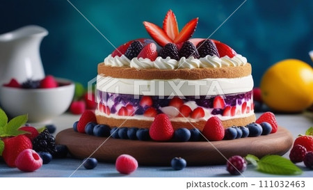 Tasty cake with fruits and cream 111032463