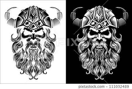 Viking Warrior Man Strong Mascot Face in Helmet Viking Warrior Man Strong Mascot Face in Helmet 111032489