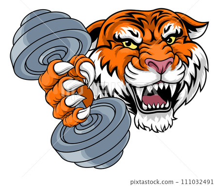 Tiger Weight Lifting Dumbbell Gym Animal Mascot 111032491