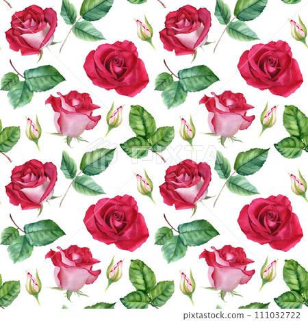 Watercolor seamless pattern with flower Rose blooms, buds and leaves. Botanical repeat pattern. For wrapping wallpaper fabric textile Watercolor seamless pattern with flower Rose blooms, buds and leaves. Botanical repeat pattern. For wrapping wallpaper fabric textile 111032722