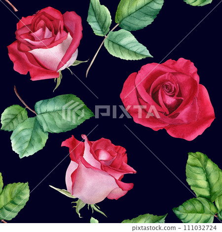 Watercolor seamless pattern, repeat pattern with flower Rose blooms and leaves. Botanical illustration. For wrapping wallpaper fabric textile Watercolor seamless pattern, repeat pattern with flower Rose blooms and leaves. Botanical illustration. For wrapping wallpaper fabric textile 111032724