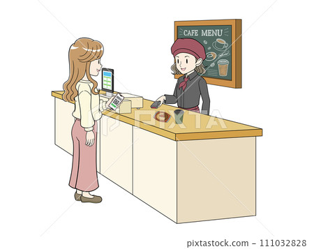 Young woman making cashless payment at a cafe [smartphone payment] 111032828