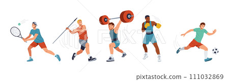 Sportsmen performing disciplines color vector icon set 111032869