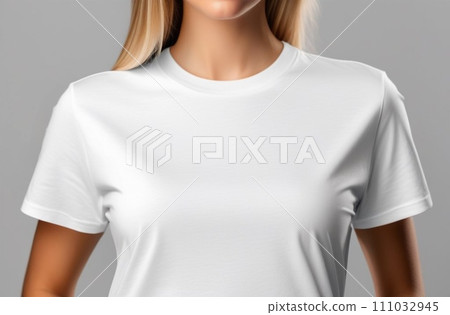 T-shirt design, people concept - closeup of young woman in blank white shirt, front isolated. Mock up template for design print. 111032945