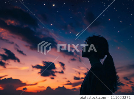 Stargazing under the Night Sky, Mysterious Woman Silhouette, AI Generated 111033271