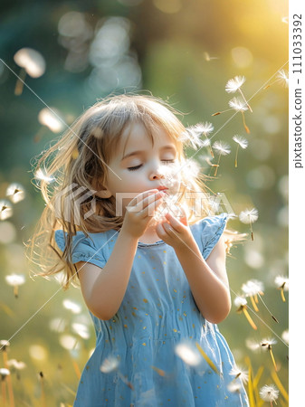Girl Blowing on Dandelions in Golden Field, AI Generated 111033392