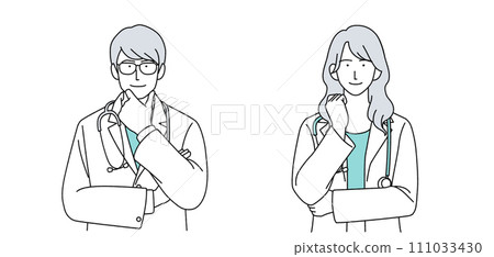 Illustration of male and female doctors with stethoscope Illustration of male and female doctors with stethoscope 111033430