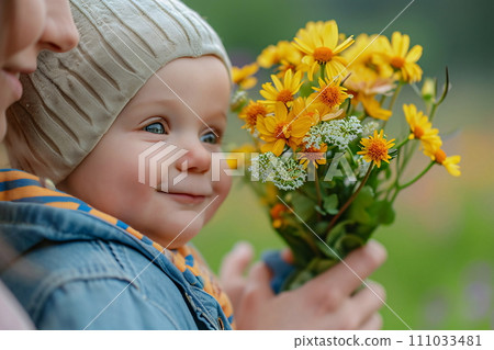 Child with a Bouquet of Flowers - A Moment of Innocence, AI Generated 111033481